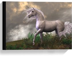 Canvas  - Witte Unicorn op Berg - 40x30cm Foto op Canvas Schilderij (Wanddecoratie op Canvas)