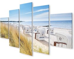Canvasfoto Strandkorven - Wanddecoratie Zee - Woonkamer Verfraaien - 5 Delig Canvas - 170x80cm - Blauw