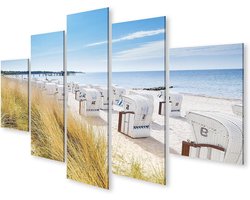 Canvasfoto Strandkorven - Wanddecoratie Zeezicht - Woonkamer Aankleden - 5 Delig Canvas - 170x80cm - Zonlicht Blauw