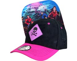 Capiche® Curved Baseball Pet Heren – Paarse Vulkaan – Zwart Fleece, Neon Roze & Lila Rubber – Verstelbaar met Druksluiting – Sportcap – Curved Pet – Rubber Logo Op Pet – Disaster Collectie – Purple Volcano