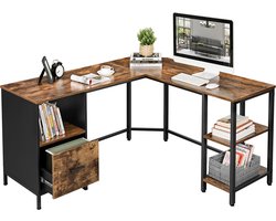 Capital bureautafel , Werktafel, L-vormig computerbureau, kantoortafel met kast en hangmappen, 2 planken, thuiskantoor, ruimtebesparend, eenvoudige montage, industrieel design, vintage bruin-zwart