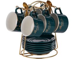 Cappuccino Cups Set - 6 Stuks - Luxe Theekop Set met Gouden Afwerking - Koffiekop met Handvat - Britse Royal Porselein Kopjes (Brilliant Blue)