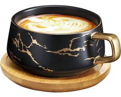 Cappuccino kopjes met schotel, 300 ml porseleinen espresso kopjes voor thee koffie cappuccino, koffiekopjes met houten schijf - zwart.