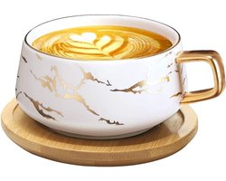 Cappuccino kopjes met schoteltje, 300 ml espressokopjes van porselein voor thee, koffie, cappuccino, koffiekopjes met houten schijf - wit