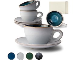 Cappuccino kopjes set [4 x 180 ml] - handgemaakt van dikwandig aardewerk - koffiekopjes met schoteltje - dikwandig groot blauw