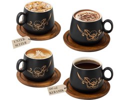 Cappuccino Kopjes Set van 4 - 300 ml - Houten Schotels - Gouden Bloemenontwerp - Vaatwasmachinebestendig - Keramisch Matzwart - Koffiekopjes