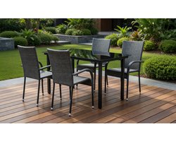 Capri 5-delige Luxe Tuinset – Polyrotan Eettafel met 4 Stapelbare Stoelen – Weerbestendig Rotan Meubelset voor Tuin, Terras en Balkon – Bruin Medahomestore