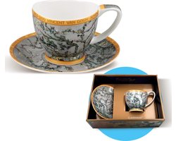 Carmani - Bloeiende Amandelboom Vanessa Kopje - Koffiekopjes - Koffiekopjes met Schoteltje - Cadeau Idee - Zilver - 350ml