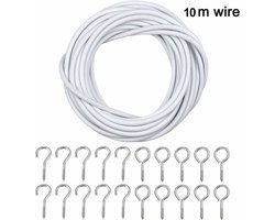 carmdering - Gordijn spiraal draad - 10M - Gordijnkabel - met schroefogen en haken - 10 schapenoogcirkels en 10 vraagtekenspijkers - Spiraaldraad set - gordijn kabel lijn voor kleding - voor gordijnroedes, gordijnen, douchegordijnen