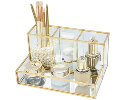 carmdering - Make Up Kosmetik Organizer - Beauty Organizer - Cosmetica Opberger - Ruimtebesparend Ontwerp - Veelzijdige Opbergoplossing - Messing en Versterkt Glas - Elegant en Duurzaam - Houdt Uw Tafel Netjes - 1 Stuk