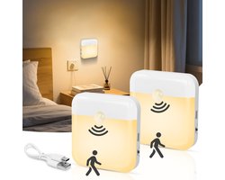carmdering - Nachtlicht Met Bewegingsmelder - Oplaadbaar LED Schemerlampje - Binnenverlichting - PIR Sensor Detectie - USB-C Opladen - ABS Kunststof - Dimloos Warmwit Licht - Veilig Nachtllopen Zonder Struikelen - 2 Stuks