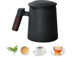 carmdering - Theekop met zeef - 400 ml keramische mok met deksel en houten handgreep - hittebestendig - zwart