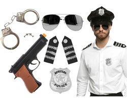 Carnaval verkleed set - politiepet zwart - handboeien/epauletten/badge/zonnebril/pistool