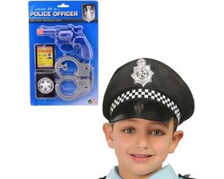 Carnaval verkleed speelgoed politiepet - zwart - voor kinderen - met accessoires pistool / handboeien / badge