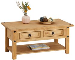 CARO-Möbel Salsa met 2 laden en praktische legplank, woonkamertafel, bijzettafel in Mexico-stijl, massief grenen, gebeitst / gewaxt