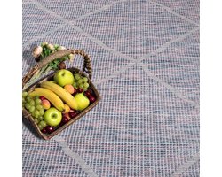 Carpet city Outdoor tapijt, terras, weerbestendig, 160 x 160 cm, rond, balkontapijt, blauw-roze, ruitpatroon, voor binnen en buiten, voor veranda, tuin, keuken, badkamer of woonkamer