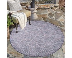 Carpet city Outdoor tapijt, terras, weerbestendig, 200 x 200 cm, rond, balkontapijt, blauw-roze, geometrisch patroon, voor binnen en buiten voor veranda, tuin, keuken, badkamer of woonkamer