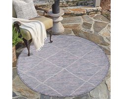 carpet city Outdoor tapijt, terras, weerbestendig, 200 x 200 cm, rond, grastapijt, blauw-roze, ruitpatroon, voor binnen en buiten, voor veranda, tuin, keuken, badkamer of woonkamer