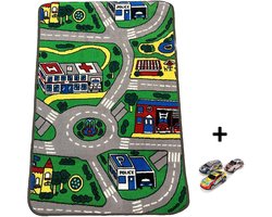 Carpet City Speelkleed - Speelmat 80x120 cm - Inclusief 3 Speelgoed Auto’s - Vloerkleed Kinderkamer - Speeltapijt - Verkeerskleed - Cadeau