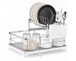 Caryota Afdruiprek - Afwasrek met Lekbak - Bordenrek - Bestekmand - Roestvrij - Verstelbare Afvoer - Compact - 40 x 28 x 29.5 cm - Extra Ruim - Zilver