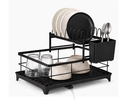 Caryota Afdruiprek - Afwasrek met Lekbak - Roestvrij - Vaatwasrek - Verstelbare Afvoer - Keuken Accessoires - 40 x 28 x 29.5 cm - Extra Ruim - Zwart