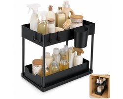 Caryota Keukenkast Organizer - Uitschuifbare Lade voor Gootsteenkast of Badkamer - Dubbellaags - Uitrekbaar - 39,7 x 22 x 35 cm - Kunststof - Zwart
