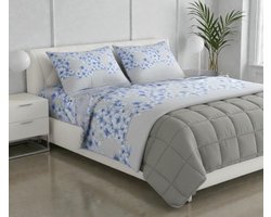 Casa Beddengoedset van flanel, 100% gekamd Italiaans katoen, pluist niet, verschillende maten (lichtblauwe bloem, tweepersoons)