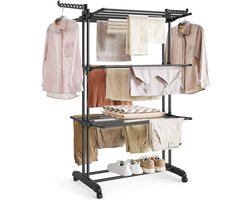Casa Living Droogrek - 4-Laags Kledingrek Met Wielen - Opvouwbaar Design - Grote Capaciteit tot 35KG - 64x75x170CM - Zwart