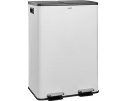 CASABEL 60L Recyclingbak, 2 x 30L Roestvrij Staal, Wit, Dubbele Vakken, Pedaal, Uitneembare Bakken, Geluidsarme Deksel