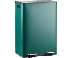 CASABEL 60L Recyclingbak, 2x30L Roestvrij Staal, Donkergroen, Dubbele Vakken, Pedaal, Uitneembare Bakken, Geluidsarme Deksel