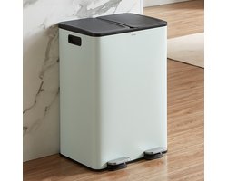 CASABEL 60L Recyclingbak, 2x30L Roestvrij Staal, Mintgroen, Dubbele Vakken, Pedaal, Uitneembare Bakken, Geluidsarme Deksel