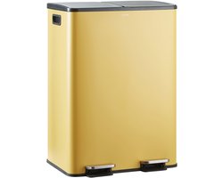 CASABEL 60L Recyclingbak, 2x30L Roestvrij Staal Oker, Dubbele Vakken, Pedaal, Uitneembare Bakken, Geluidsarme Deksel