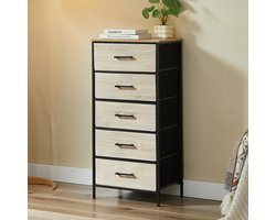 CASABEL Hoge ladekast met 5 laden in stevige stof, zwart metaal en MDF-hout, 45x30x94cm, ideaal voor slaapkamer, woonkamer of hal.