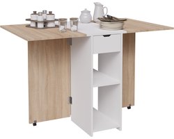 CASABEL – Opklapbare eettafel voor kleine ruimtes met 1 lade - Wit, centrale opbergruimte en licht houten blad, biedt plaats aan 2-4 personen