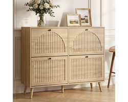 CASABEL Schoenenkast 4 Kleppen, 24 Paar, Retro Stijl, Compact Halmeubel, Licht Hout