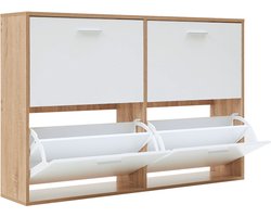 CASABEL Schoenenkast met 4 neerklapbare deuren - Design schoenenkast - Opbergmeubel voor de hal met ruimte voor 24 paar schoenen - Houten frame - Witte neerklapbare deuren