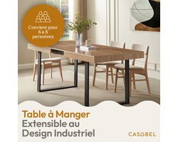 CASABEL uitschuifbare eettafel, geschikt voor 6 tot 8 personen, tafelblad van 160 tot 200 cm, industriële stijl, licht hout en zwart