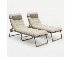CASABEL Zonnebed met Kussen, 2‑delige Set, Ligstoel Tuin Weerbestendig en Comfortabel, Staal en Textilene Bekleding, taupe