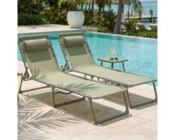 CASABEL Zonnebed Opvouwbaar, 2‑delige Set, Ligstoel Tuin Weerbestendig en Comfortabel, Staal en Textilene Bekleding, Saliegroen