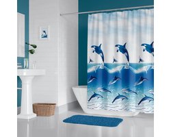 Casabueno - Douchegordijn 180x200 cm - Dolfijnen - met Ringen Badkamer Gordijn - Shower Curtain - Waterdicht Douchegordijn Blauw - Sneldrogend - Anti Schimmel - Wasbaar - Duurzaam - Blauw
