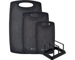 CasaCucina Snijplank Kunststof - Zwart - 3-delige set - Anti-slip - Handvaten - Met houder - Vaatwasserbestendig - Vlees, Vis, Groente, Fruit