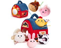 Casalora® Babyspeelgoed,Boerderij Speelgoedset voor Baby's 6-12 Maanden - Pluchen Boerderijdieren met Ramelaar, Knisper en Spiegel - Montessori Sensorisch Speelgoed - Inclusief 6 Dieren en Boerderijhuisje - Ideaal Cadeau voor Jongens en Meisjes