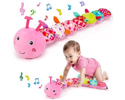 Casalora Buikligtrainer Baby - Sensorisch Knuffelspeelgoed met Geluid en Bijtring & Muzikale - Pluche Rupsenthema - Geschikt vanaf 0 Maanden - Roze
