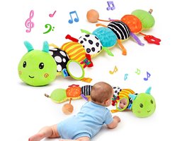 Casalora Buikligtrainer Baby - Sensorisch Knuffelspeelgoed met Geluid en Texturen & Muzikale - Pluche Rupsenthema - Geschikt vanaf 0 Maanden