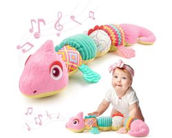 Casalora Buikligtrainer Baby – Sensorisch Pluche Speelgoed met Geluid, Muziek & Bijtring – Kameleon Thema – Geschikt vanaf 0 Maanden – Roze