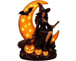 Casalora® Halloween Heksenbeeld met Maan USB LED Nachtlamp – Gotisch Hars Beeld – Heks Silhouet Tafellamp – Decoratie voor Schouw, Bureau & Woonkamer