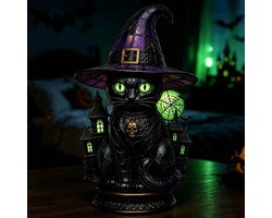 Casalora® Halloween Heksenhoed Lamp – Gotische Hars Decoratie met LED Licht – Magische Nachtlamp voor Tafel, Woonkamer & Feestdecoratie – Groene Ogen - Kat