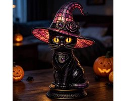 Casalora® Halloween Heksenhoed Lamp – Gotische Hars Decoratie met LED Licht – Magische Nachtlamp voor Tafel, Woonkamer & Feestdecoratie – Paarse Hoed - Kat
