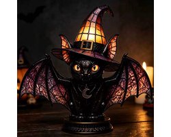 Casalora® Halloween Heksenhoed Lamp – Gotische Hars Decoratie met LED Licht – Magische Nachtlamp voor Tafel, Woonkamer & Feestdecoratie – Paarse Hoed - Vleermuiskat