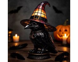 Casalora® Halloween Heksenhoed Lamp – Gotische Hars Decoratie met LED Licht – Magische Nachtlamp voor Tafel, Woonkamer & Feestdecoratie – Paarse Hoed - Kraai